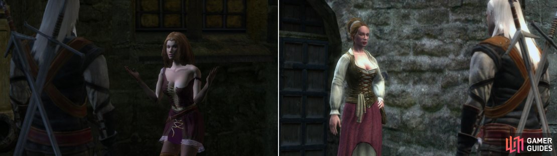 Gossip with Gossip and provide her with some Red Women&rsquo;s Gloves, and she&rsquo;ll decide she needs to see more of the &ldquo;White Wolf&rdquo; (left). Carmen, the prostitute, is somewhat more chaste. She has work for you-not Witcher&rsquo;s work-but work, nonetheless (right).