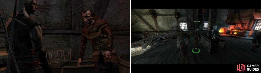 Confess to Coleman that your illicit cargo was confiscated (left), then loosen the Messenger&rsquo;s lips with some cheap alcohol (right).