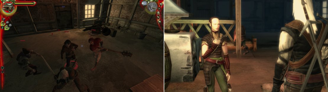 The thugs made the mistake of setting a Witcher loose on them, with predictably bloody results (left). When you&rsquo;re done butchering, rescue the Half-Elf (right).