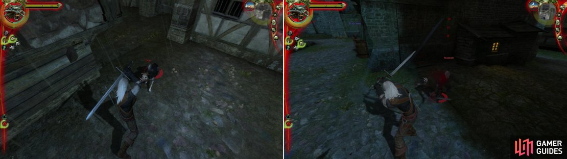 Hunt some hounds at night&hellip; it might not be work worthy of a Witcher, but&hellip; well&hellip; we need money (left). Interrupt the Salamanders accosting Carmen&rsquo;s girls, and teach them some manners (right).