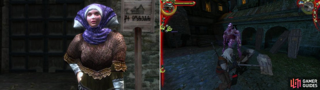 Poor Hildegard (left) is haunted by her late husband&rsquo;s ghost, who is spreading vicious rumors about her. Find the ghost near the gate to the cemetery at night, and silence him (right).