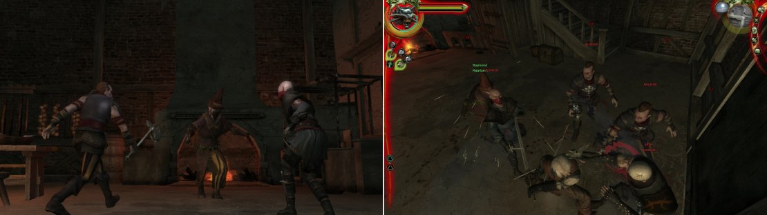 Visit Raymond to find him beset by Salamandra assassins (left). Fortunately he&rsquo;s got a Witcher ally with a good sense of timing on his side (right).