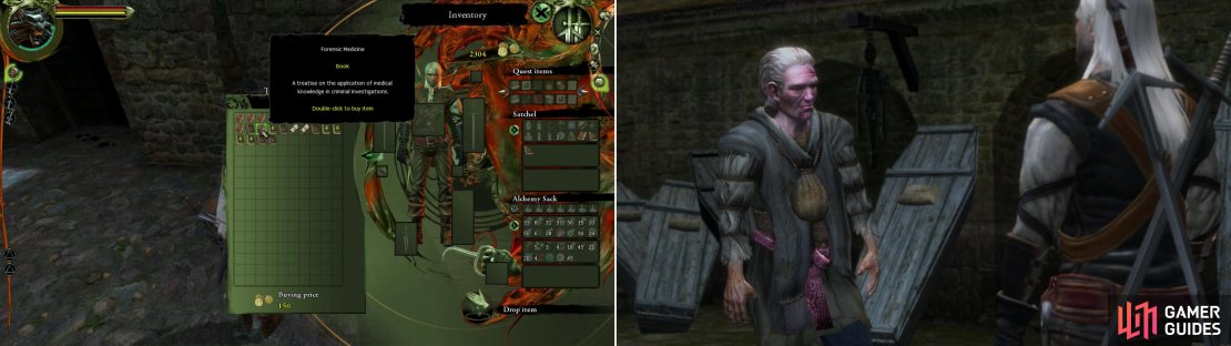Knowledge is power-buying books from the Antiquarian will allow you to draw the correct conclusions during your autopsy (left). To gain access to the Cemetery-and the dead Salamander&rsquo;s body-you&rsquo;ll need to bribe the Gravedigger with dwarven spirits and either get his debts canceled or go over his head (right).