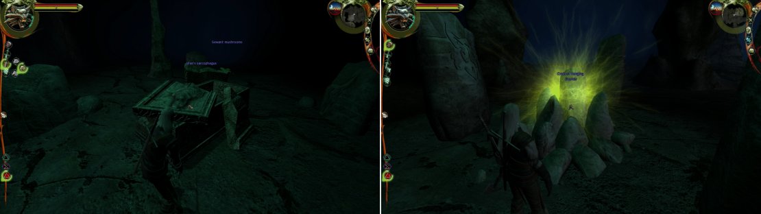 Inside the Swamp Cave, loot Vran&rsquo;s Sarcophagus (left) and tap into the Circle of Hanging Stones (right) to learn the Quen SIgn.