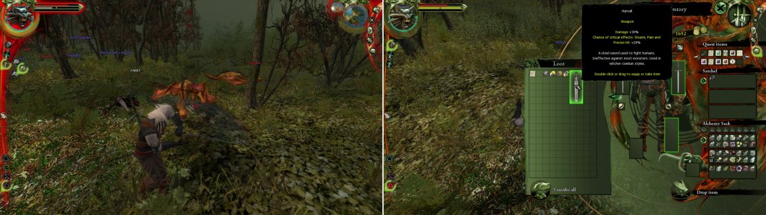 Wyverns are the most dangerous critter you&rsquo;ll encounter in this chapter (left). Try to avoid engaging more than two at once, and soften them up with the Igni Sign. Your reward for clearing Wyvern Island is the ability to loot the Messenger&rsquo;s Corpse for the sword Harvall (right).