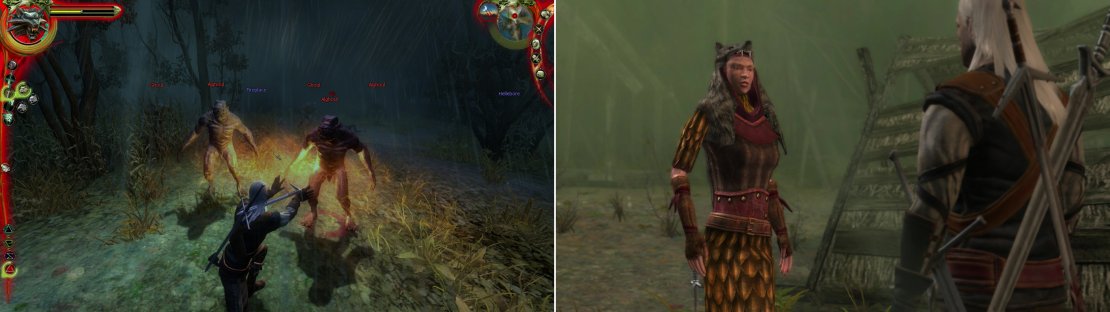 Find Alghouls at night near the Kezath Obelisk (left). This racist Elf can be taught a lesson by proving you can pick Faeinnewedd (right)&hellip; for what that&rsquo;s worth.