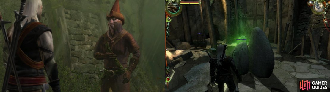 When the trap is set, meet Azar-as-Raymond outside the Mage’s Tower (left). Once inside, be sure to tap the Gate of Water to learn the Axii Sign (right).