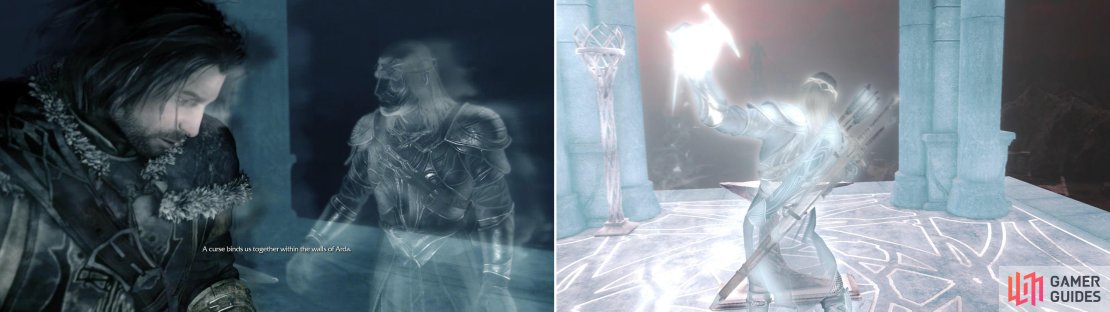 After the ritual, you&rsquo;ll find yourself lost in Mordor, and bound to an Elven Wraith (left). Reforge the Forge Tower to gain information about the surrounding area (right).