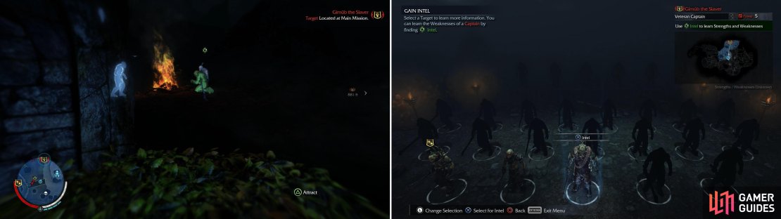 Worms are one common source of Intel-Uruks who, once Interrogated by the Wraith will divulge their precious knowledge about their masters. They have a green icon over them, and glow green in Wraith Vision (left). Gain Intel to learn more about Sauron&rsquo;s Army (right).