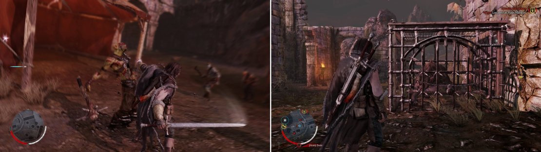 The &ldquo;Execution&rdquo; Ability will vastly increase the speed at which you can dispatch Uruks (left). Caged Caragors can often be found where Uruks dwell. Freeing them can make for a helpful distraciton (right).