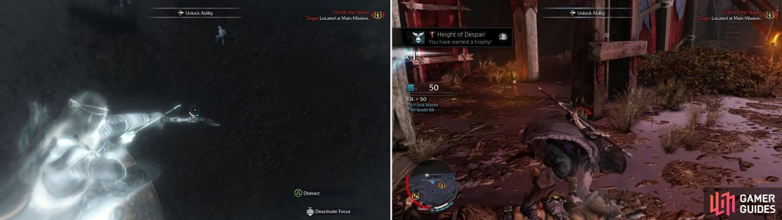 While in Ranged Mode you can use the &ldquo;Distract&rdquo; ability to lure Uruks to a specific spot (left). Use &ldquo;Strike From Above&rdquo; from the top of the scaffolding in The Black Gate to score the Trophy/Achievement &ldquo;Height of Despair&rdquo;.
