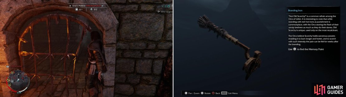 Squeeze through a grate to reach the interior of a stone foundation (left) wherein you’ll find the Branding Iron Artifact (right). Ah… “Old Scorchy”…