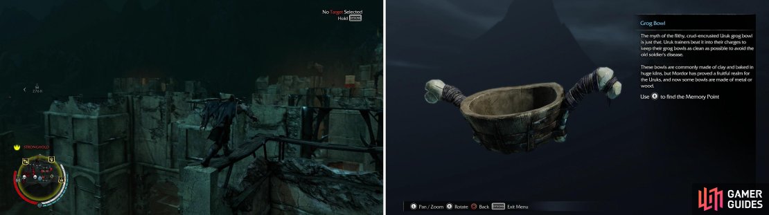 The Durthang Outskirts are densely populated with Uruks, but fortunately, you can used the ruined heights to move around unmolested (left). Treasures such as the Grog Bowl Artifact can be found on lower ground (right).