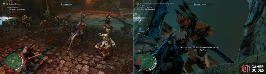The Sword Mission &ldquo;Cutting the Lines&rdquo; tasks you with performing melee Executions while fighting off a horde of Uruks (left), skills that you must learn sooner or later. &ldquo;Clear the Skies&rdquo; tests your ability to sneakily Ledge Kill archers (right).