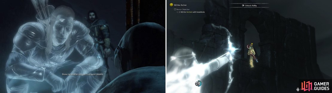 Despite Talion&rsquo;s rudeness, the Wraith manages to persuade Gollum into leading us to another relic (left). Along the way, headshot a few Uruk archers to complete a bonus objective (right).