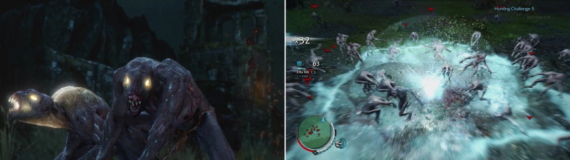 Ghuls guard the relic we&rsquo;re after, appearing without warning from underground (left). While normal sword strikes work, charging your Hit Sreak and unleashing a Wraith Flash will kill many Ghuls at once (right).
