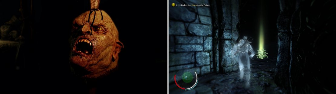 There’s no love lost between the Outcasts and the Uruks, as this grisly trophy shows (left). Follow Hirgon and collect the herbs you’ll need to poison the Uruk’s Grog (right).