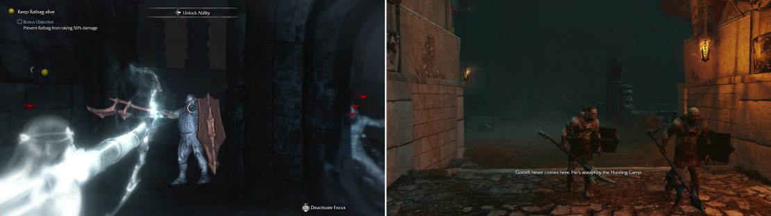 Uruk Defenders make their debut here. Protect Ratbag from them and the other Uruks to satisfy a bonus objective (left). Sneak around the Durthang ruins to find out that Ratbag&rsquo;s information is bogus (right).