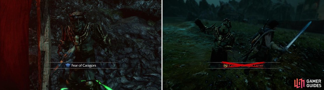 Release a caged Caragor to take advantage of Goroth&rsquo;s fear of them (left), after which he should be easy to dispatch (right).