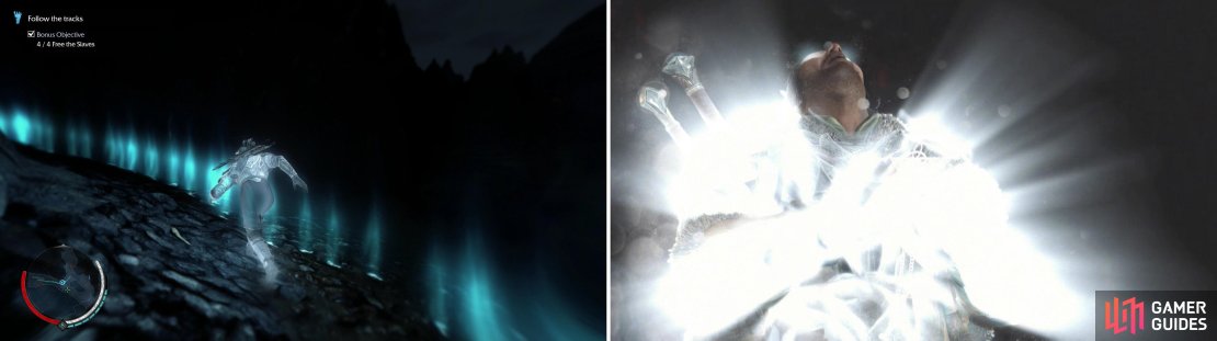 Follow the glowing blue trail the creature left (left) at the end of which we&rsquo;ll find a relic. The effects of Talion&rsquo;s interaction with this relic is&hellip; bright (right).