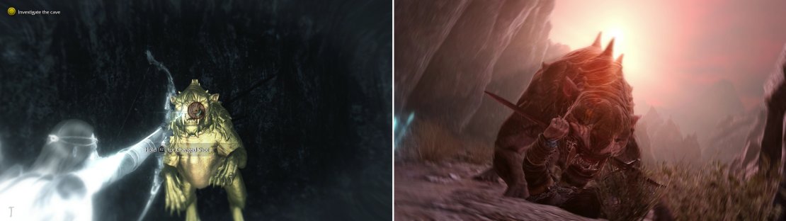 Take aim at the Caragor&rsquo;s head. Two shots should suffice to take it down (left). Caragors will now roam Udun. Don&rsquo;t take them lightly, as Caragors can be quite vicious (right).