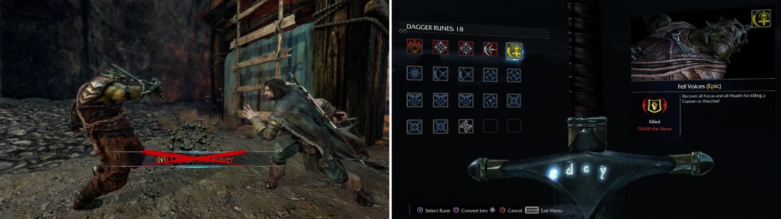 Defeat Gimub (left) then claim the &ldquo;Fell Voices&rdquo; Rune he drops (right).