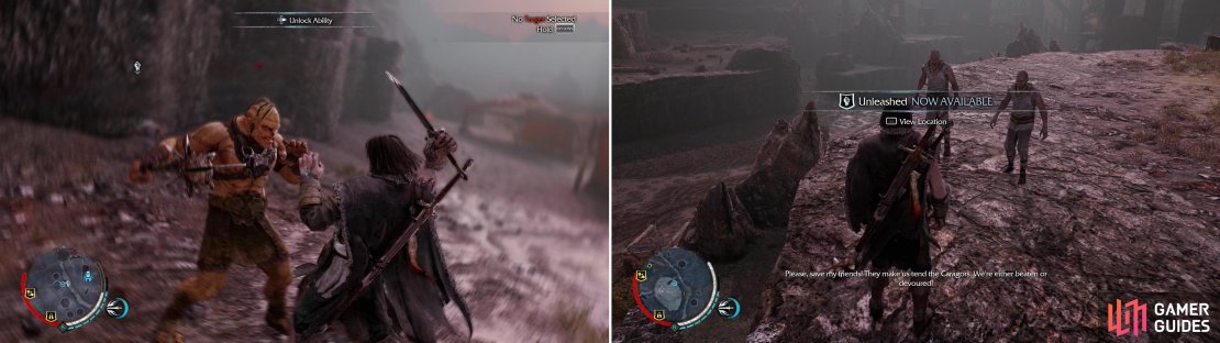 You&rsquo;ll find enslaved Outcasts around Udun. Kill their Uruk overseers (left) and they&rsquo;ll give you optional Outcast missions you can complete for Mirian and XP (right).