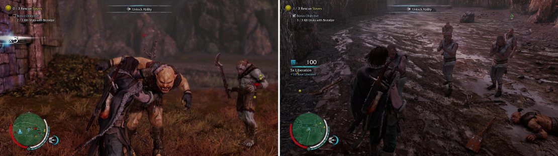 Brutalizing makes a very gruesome display of an Uruk’s demise, scaring off nearby Uruks (left). The Uruk’s slaves don’t seem to mind the show, however (right).