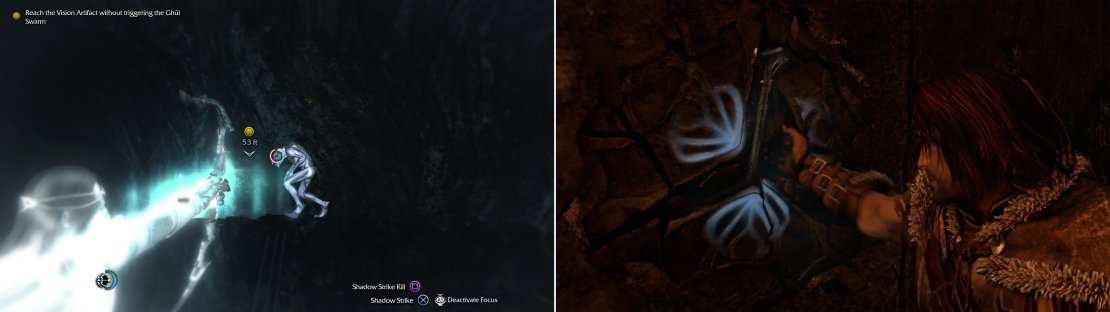 Keep to high ground wherever possible and follow the trail through the cave, avoiding the Ghuls. You should only need to kill one Ghul near the end of your path (left). Grab Celebrimbor&rsquo;s hammer to witness another vision (right).