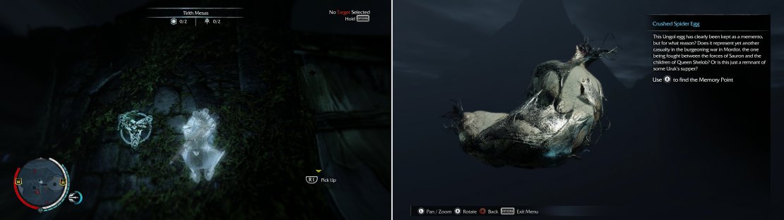 Climb a vine-covered tower to find the &ldquo;Natha Ie calad arphigad&rdquo; Ithildin (left) and pick up the Crushed Spider Egg (right).