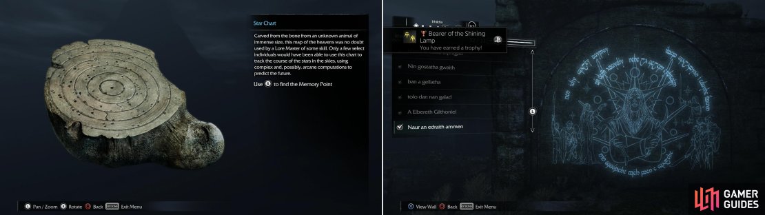 Find the Star Chart Artifact (left) then investigate the &ldquo;Naur an edraith ammen&rdquo; Ithildin to finish our collection (right).