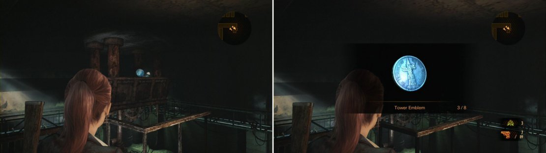 Third Tower Emblem is found on top of the Gear Contraption. Shoot it down or wait for Barry to get it!