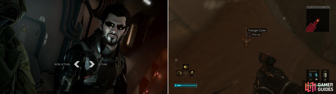 Choose your weapon preference - lethal or non-lethal (left). Search an airshaft to find Triangle Code #1 (right).