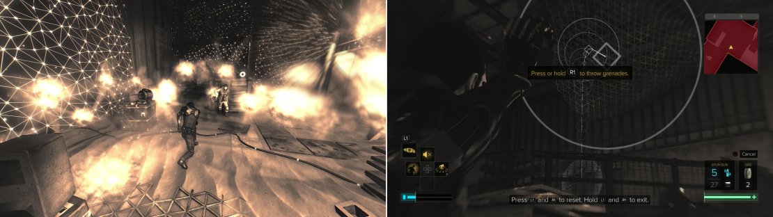 A combat tutorial will let you play with the &ldquo;Typhoon&rdquo; augmentation (left) and grenades (right).