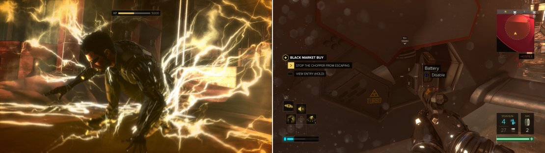 Get the drop on one of the gold masked augs with the &ldquo;Icarus Landing&rdquo; augmentation (left). Rush to the helicoptor and pull out the battery to complete the mission (right).