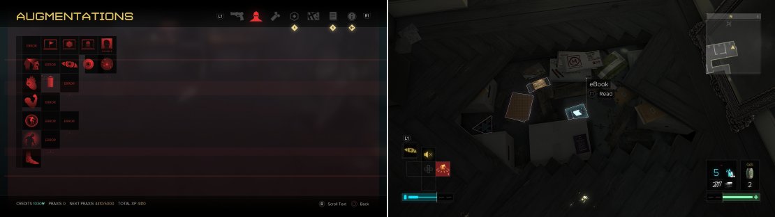Waking up to a screen full of offline augs is never a good start to a day (left). Be sure to loot Adam&rsquo;s secret stash to find an eBook and other goodies (right).