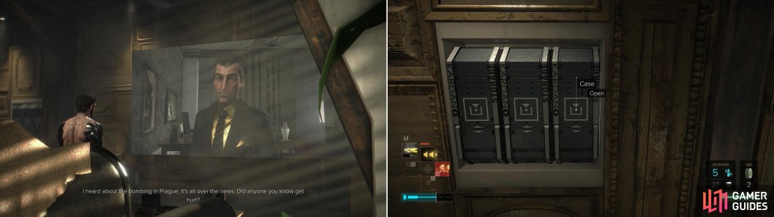 Return Sarif&rsquo;s call to catch up with an old friend (left). Your stash allows you to store goodies you accumulate (right).
