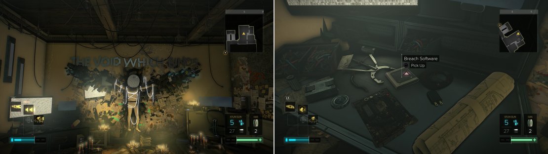 The unsettling wall decoration betray&rsquo;s the password of the man in apartment #14 (left). Be sure to grab Breach Software #29 while you&rsquo;re here (right).