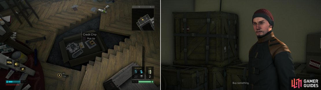 In apartment #32 you can find a hidden stash (left). Tars dwells in apartment #21. He might not be too nice, but he&rsquo;ll buy junk you find (right).