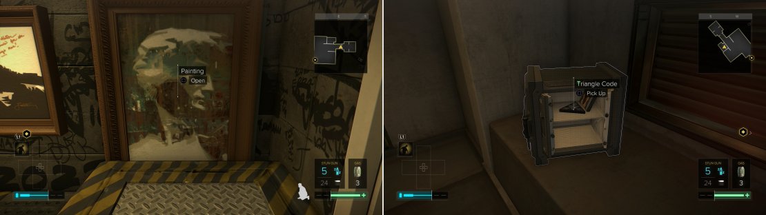 Move a painting out of the way and enter a gas-filled chamber beyond (left). Gain access to Koller&rsquo;s safe to score a Praxis Kit (right).