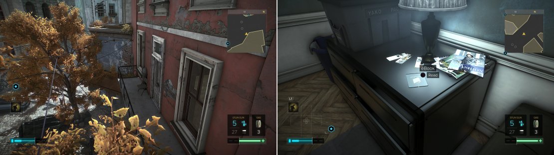 Climb a ladder to reach a billboard, then jump onto a balcony to reach Floss and Mel&rsquo;s apartment (left), inside of which is an eBook (right).