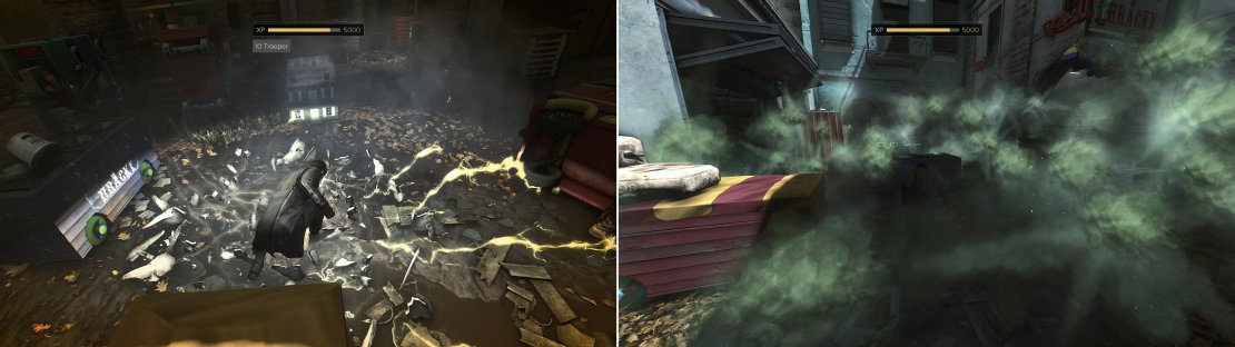 Jump off the roof of a building and dispatch a foe with &ldquo;Icarus Landing&rdquo; (left) then immediately use your &ldquo;Typhoon&rdquo; augmentation on another foe to earn a trophy/achievement (right).