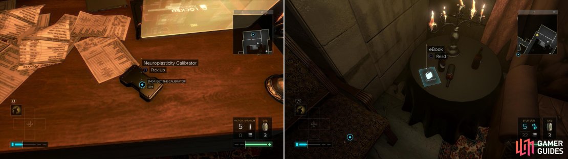 Grab the Neuroplasticity Calibrator off Otar&rsquo;s desk (left) then be sure to pick up an eBook on a table outside (right).