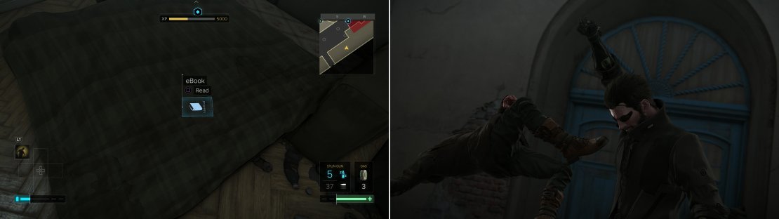 Jump up into a nearby apartment to find an eBook (left). Knock out the thugs on the grounds of the &ldquo;Konicky & Hracky&rdquo; workshop (right).