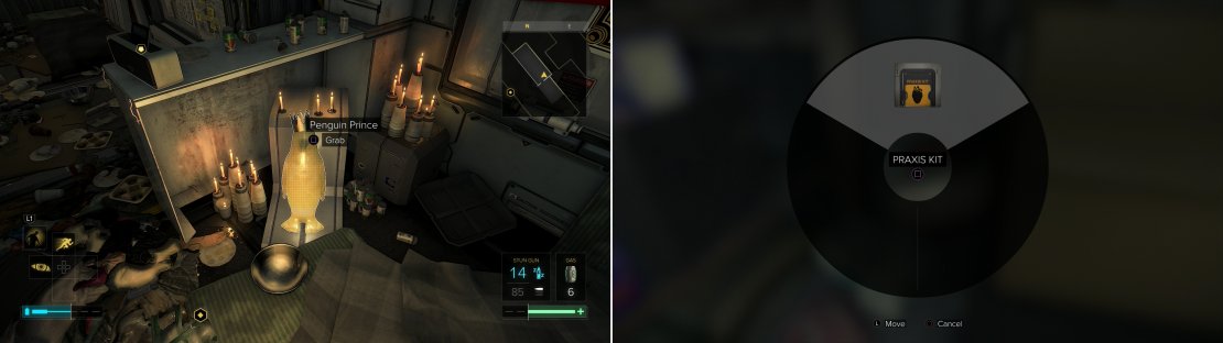 Behold, the golden penguin king! (left) Search a case in Korimir Baksas&rsquo;s apartment to find a Praxis Kit (right).