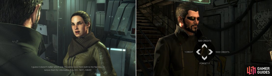 Visit the contact&rsquo;s house to learn a bit of bad news (left). Bribe the police officer guarding the prison to get to speak to Tibor Sokol (right).