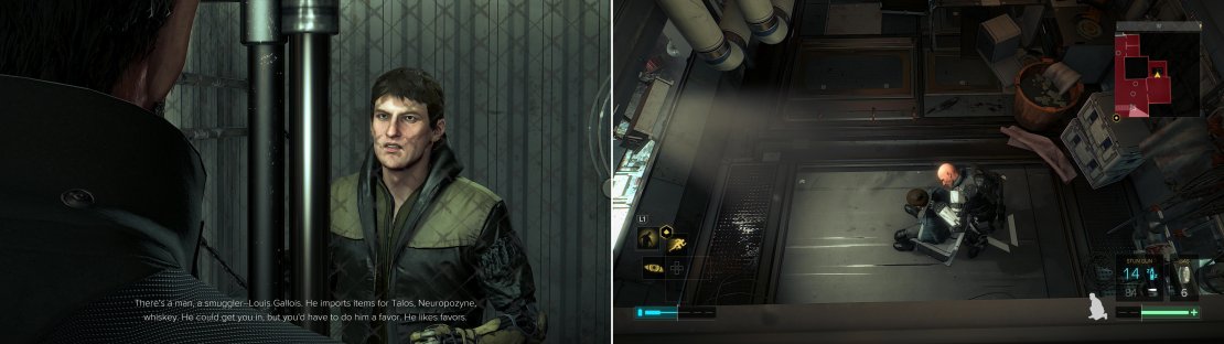 Your contact will renege on his end of the deal, but he&rsquo;ll point you to other options (left). Further on you&rsquo;ll find Dusan, who is being roughly treated by the cops (right).