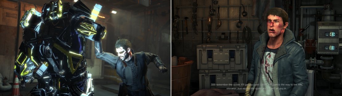 Dispatch the Exo-Suit by shooting it with your Stun Gun, then performing a takedown while it&rsquo;s staggered (left). To show his gratitude, Dusan will tell you a password (right).