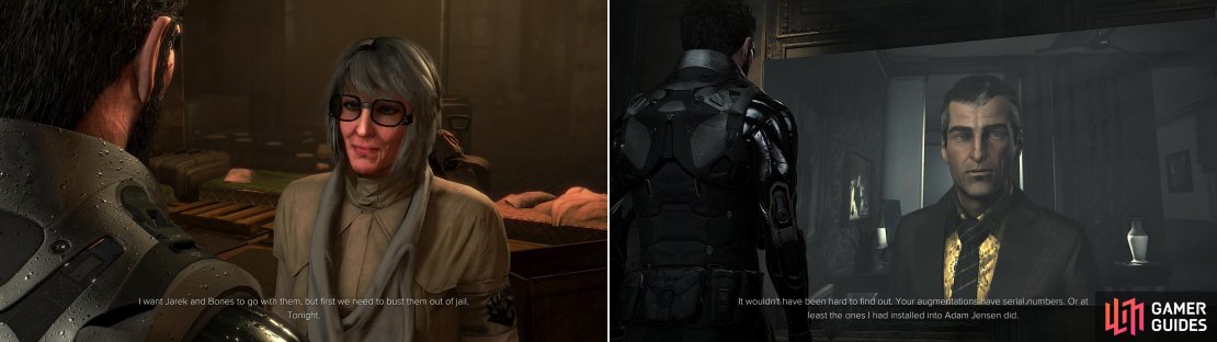 While you’re in southern Prague, be sure to visit Little K in the sewers (left) and check in with Sarif one last time for a startling revelation (right).
