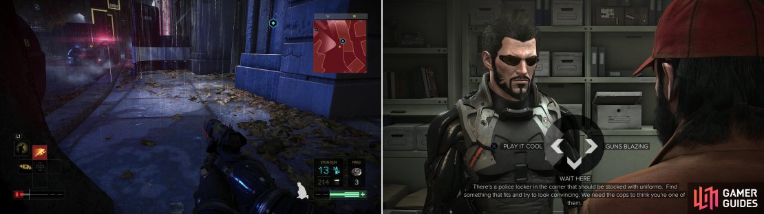 Sneak to the temporary police station near the Monument Station (left) and release the captive members of Samizdat. Be sure to tell them to “Play it cool”. (right).
